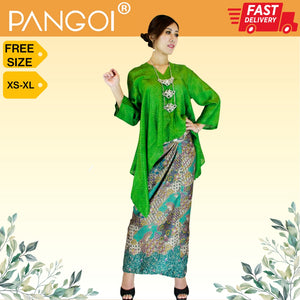 <OUT OF STOCK> Exclusive Waka Batik Set With Pareo Skirt - Green Free Size