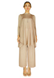 PANGOI EXCLUSIVE QUEEN COLLECTION_PREMIUM PLEATED HIGH NECK SET WITH PALAZZO PANTS_BEIGE EMAS GOLD