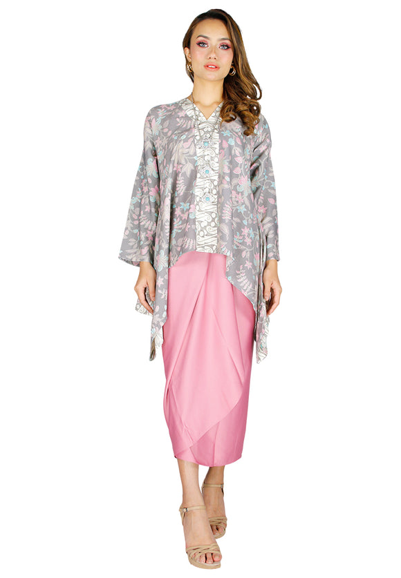 {SOLD OUT} PANGOI EXCLUSIVE DOBY BATIK KAFTAN LONG SLEEVES WITH PAREO (FREE SIZE) XS/S/M/L/XL/2XL/3XL - Grey Pink- One Size - One Size